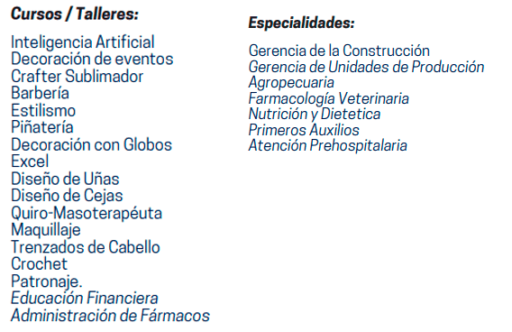 Talleres, Cursos y Especialidades de la Escuela de Oficoos del IFAB Barinas